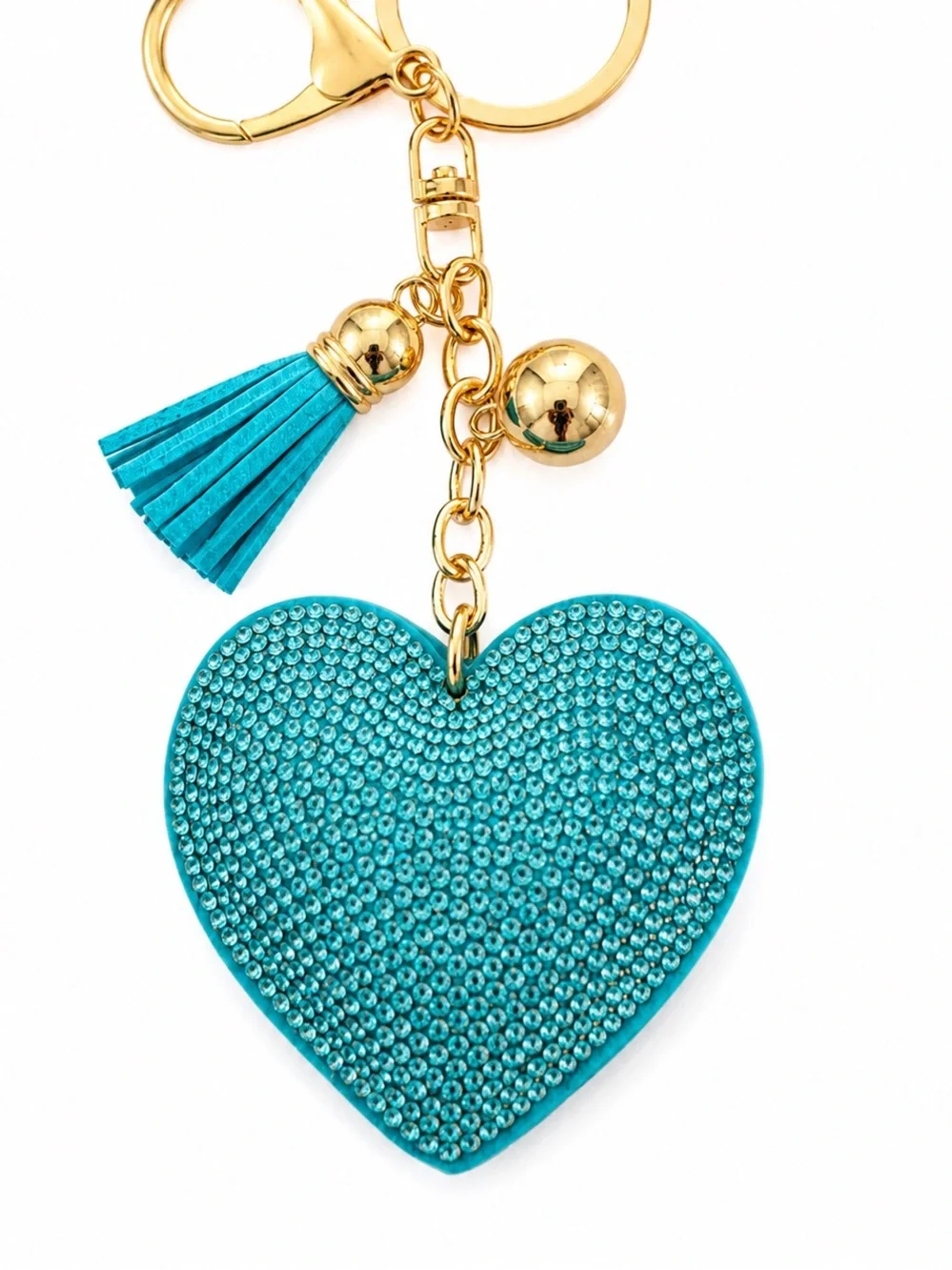 Turquoise Crystal Rhinestone Heart Bag Charm Keychain Gold Tassel Purse Charm_3